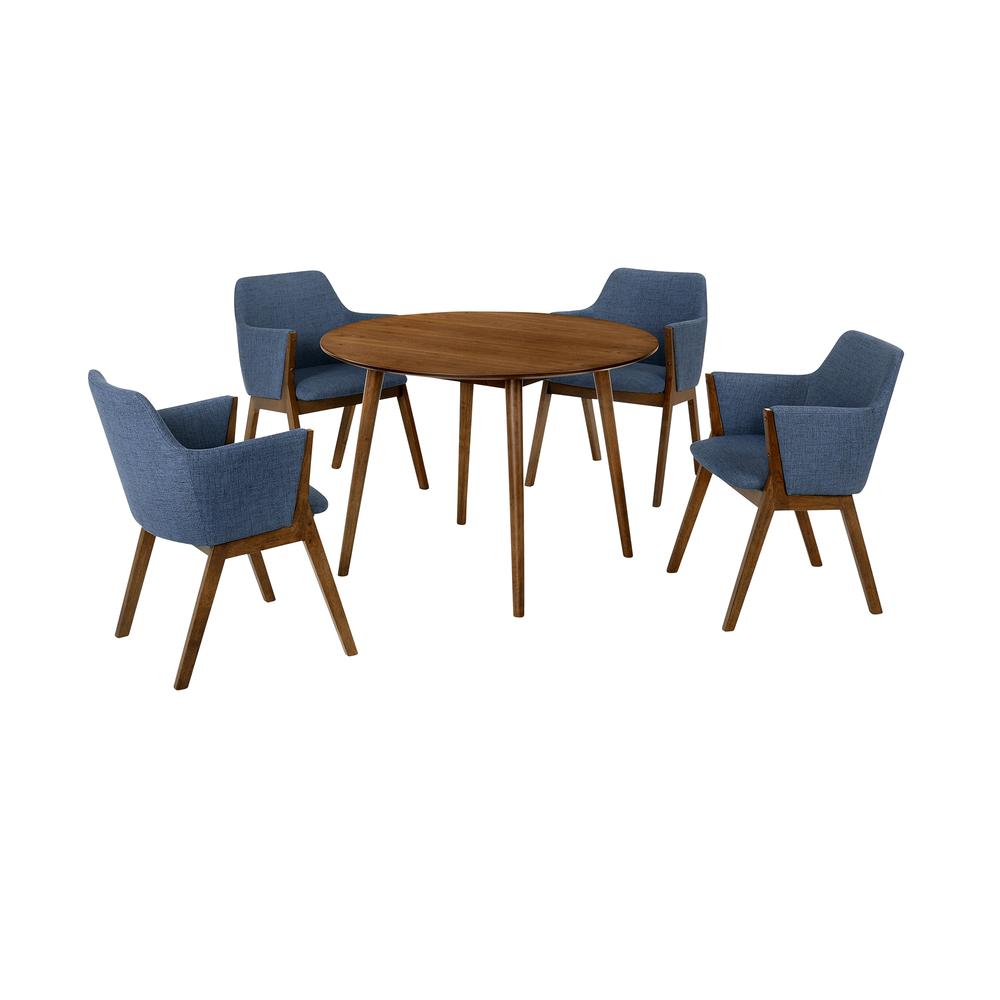 Arcadia and Renzo 42" Round Blue and Walnut Wood 5 Piece Dining Set. Picture 1
