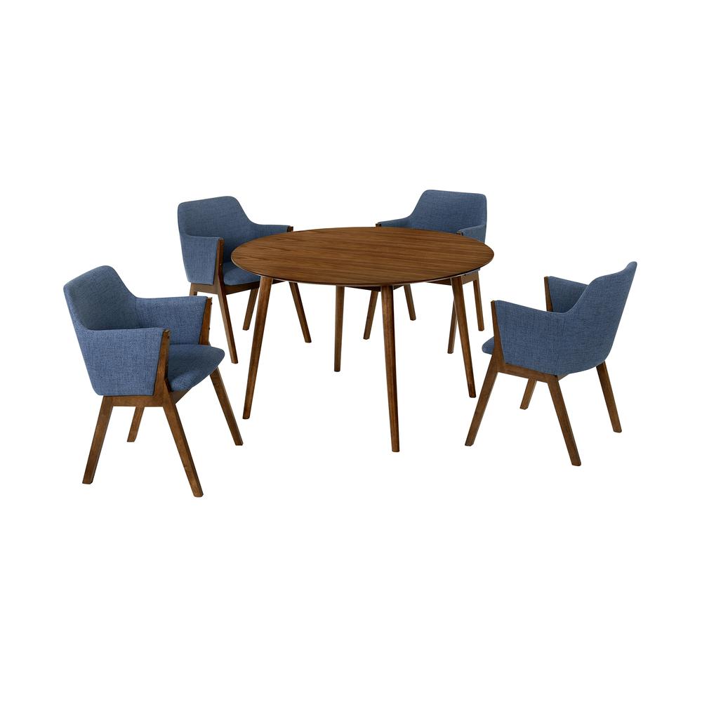 Arcadia and Renzo 48" Round Blue and Walnut Wood 5 Piece Dining Set. Picture 1
