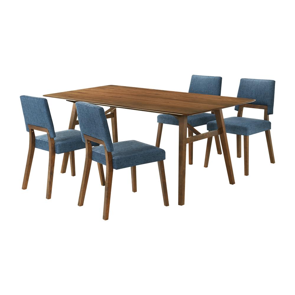 Channell 5 Piece Walnut Wood Dining Table Set with Blue Fabric. Picture 1