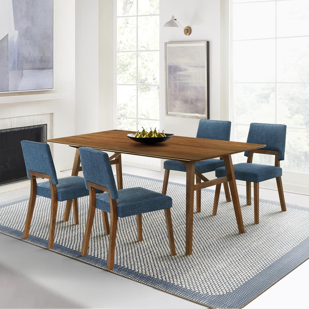 Channell 5 Piece Walnut Wood Dining Table Set with Blue Fabric. Picture 11
