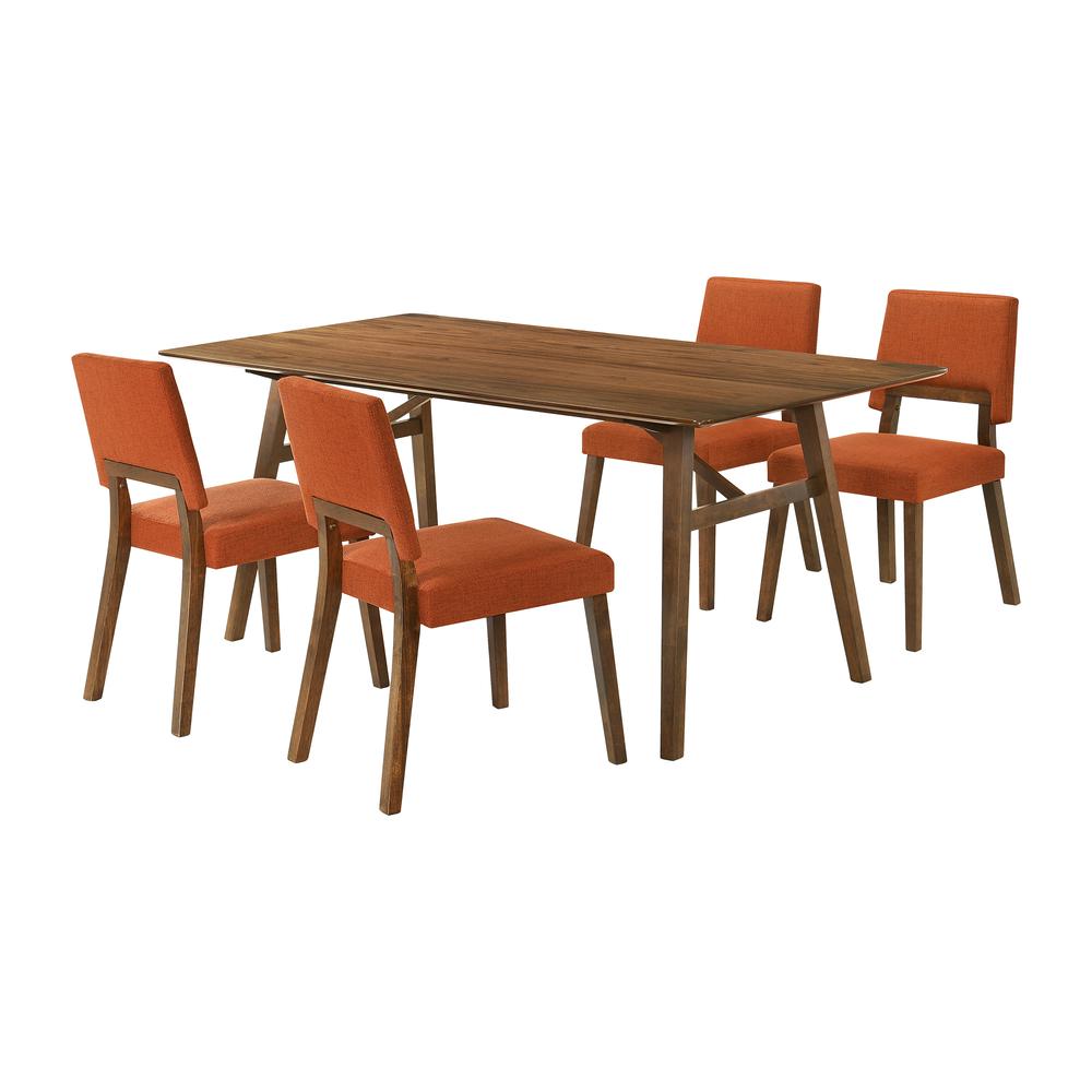 Channell 5 Piece Walnut Wood Dining Table Set with Orange Fabric. Picture 1