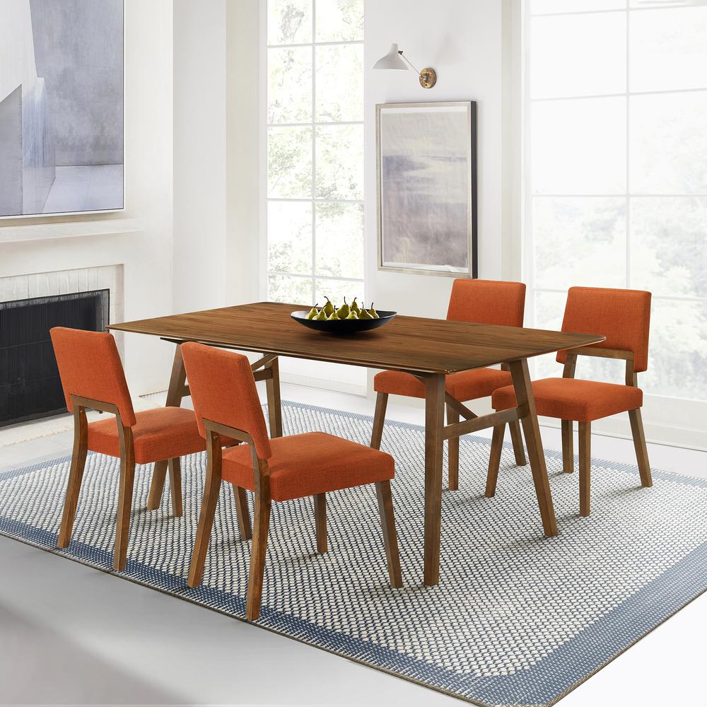 Channell 5 Piece Walnut Wood Dining Table Set with Orange Fabric. Picture 11