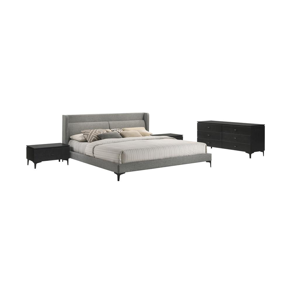 Legend 4 Piece Gray Fabric King Platform Bedroom Set with Dresser and Nightstands. Picture 1