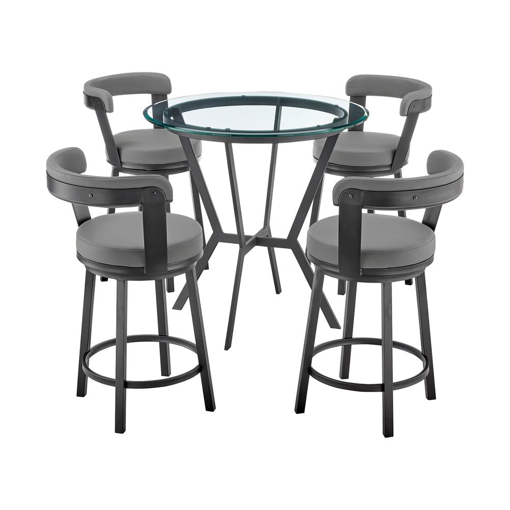 Naomi and Bryant 5-Piece Counter Height Dining Set in Black Metal and Grey Faux Leather. Picture 1