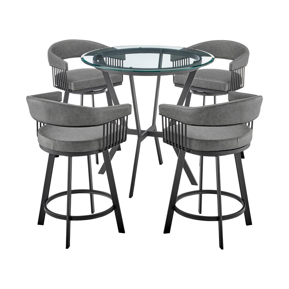 Naomi and Chelsea 5-Piece Counter Height Dining Set in Black Metal and Grey Faux Leather. Picture 1