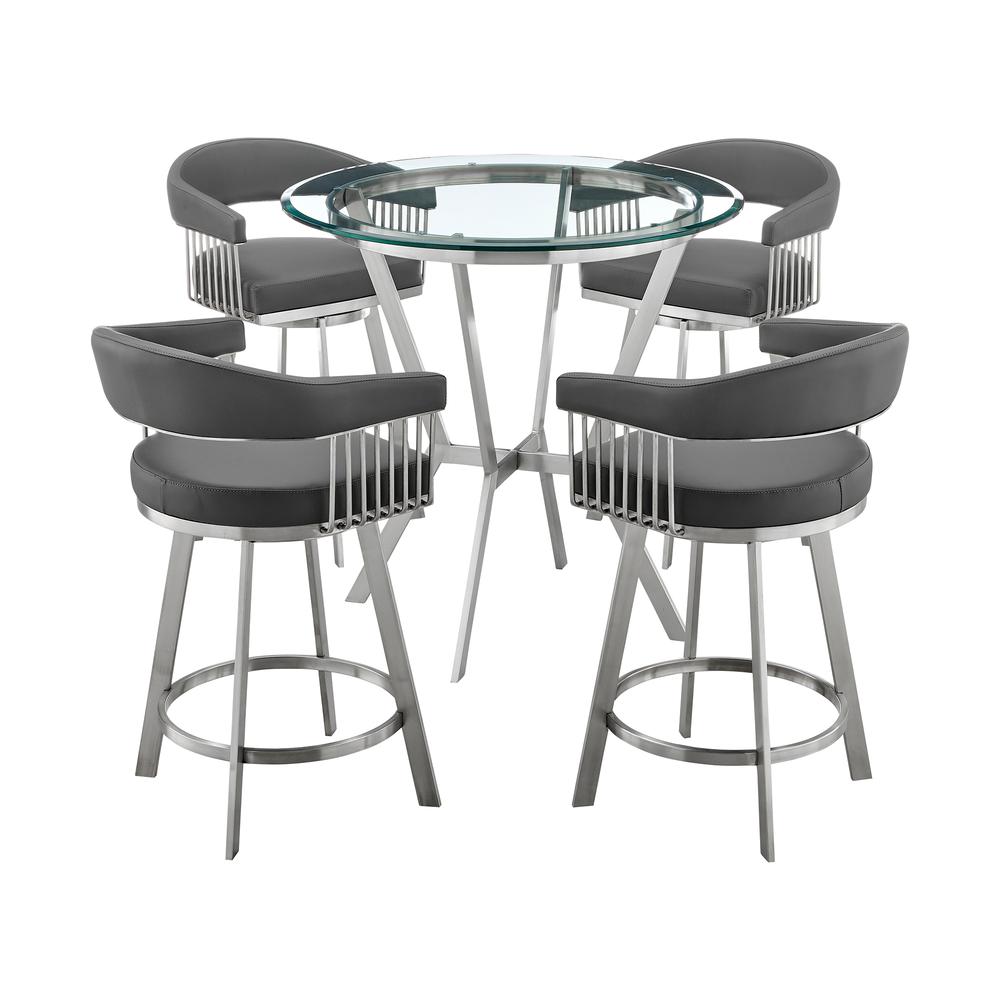 Naomi and Chelsea 5-Piece Counter Height Dining Set in Brushed Stainless Steel and Grey Faux Leather. Picture 1