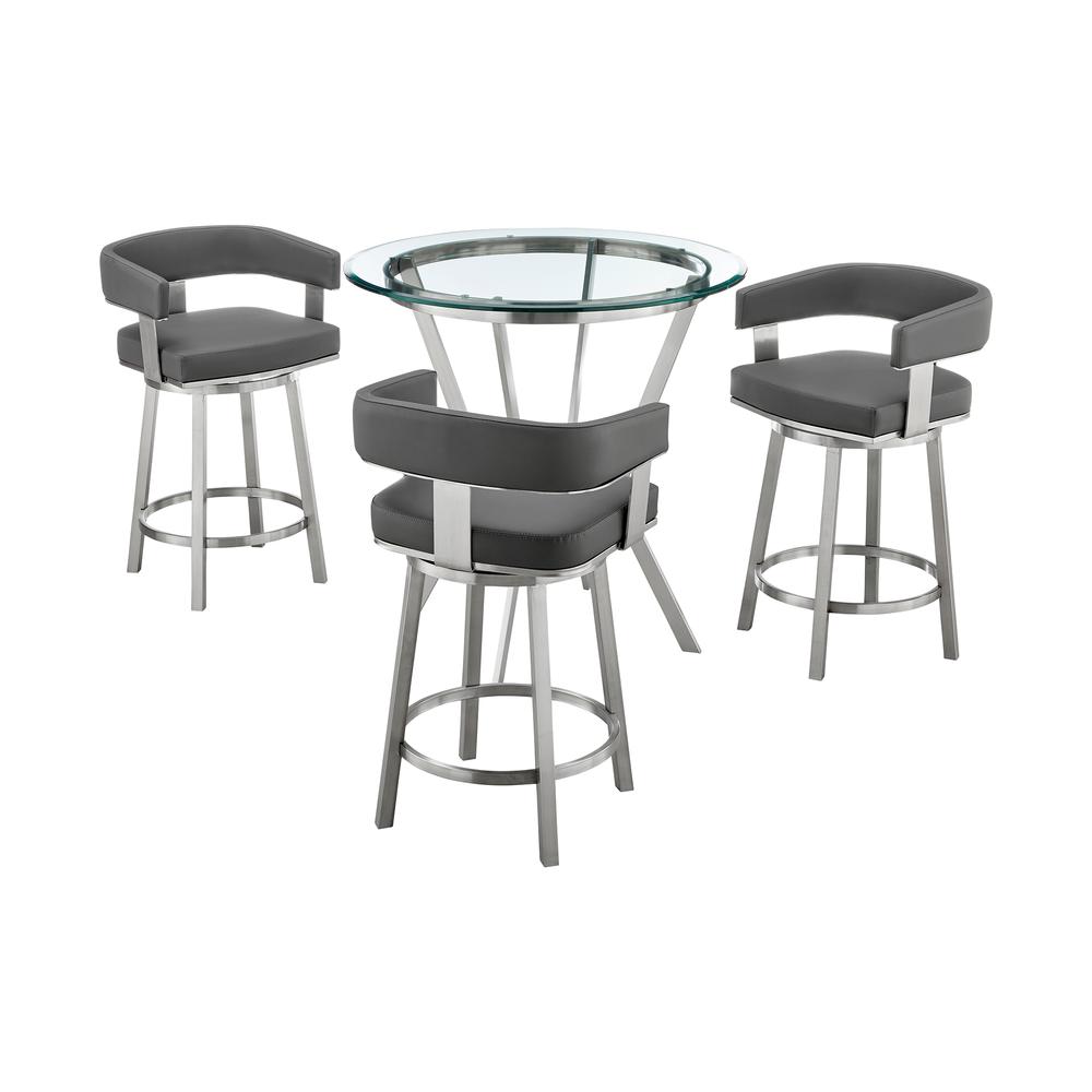 Naomi and Lorin 4-Piece Counter Height Dining Set in Brushed Stainless Steel and Grey Faux Leather. Picture 1