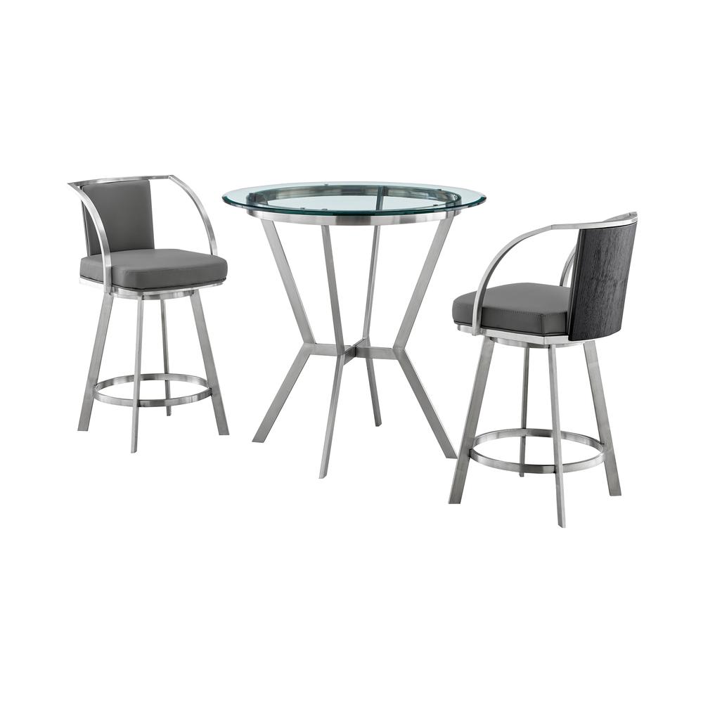 Naomi and Livingston 3-Piece Counter Height Dining Set in Brushed Stainless Steel and Grey Faux Leather. Picture 1