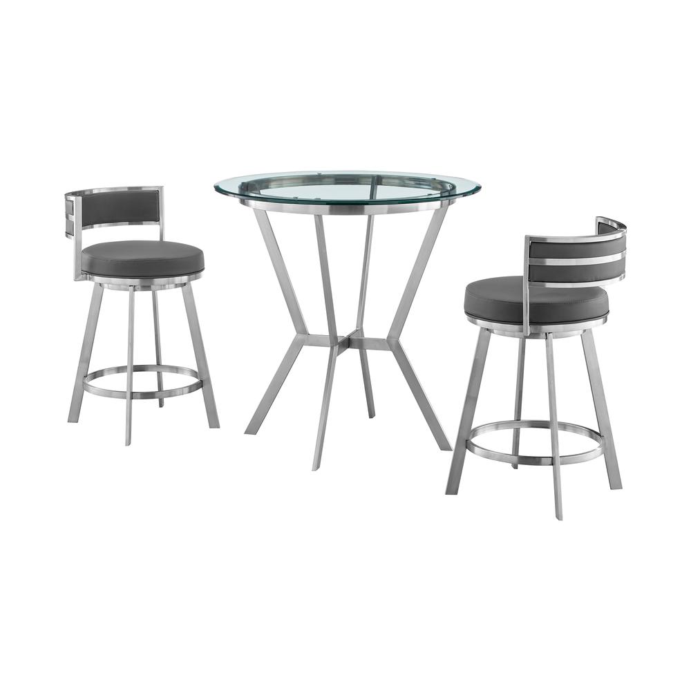 Naomi and Roman 3-Piece Counter Height Dining Set in Brushed Stainless Steel and Grey Faux Leather. Picture 1