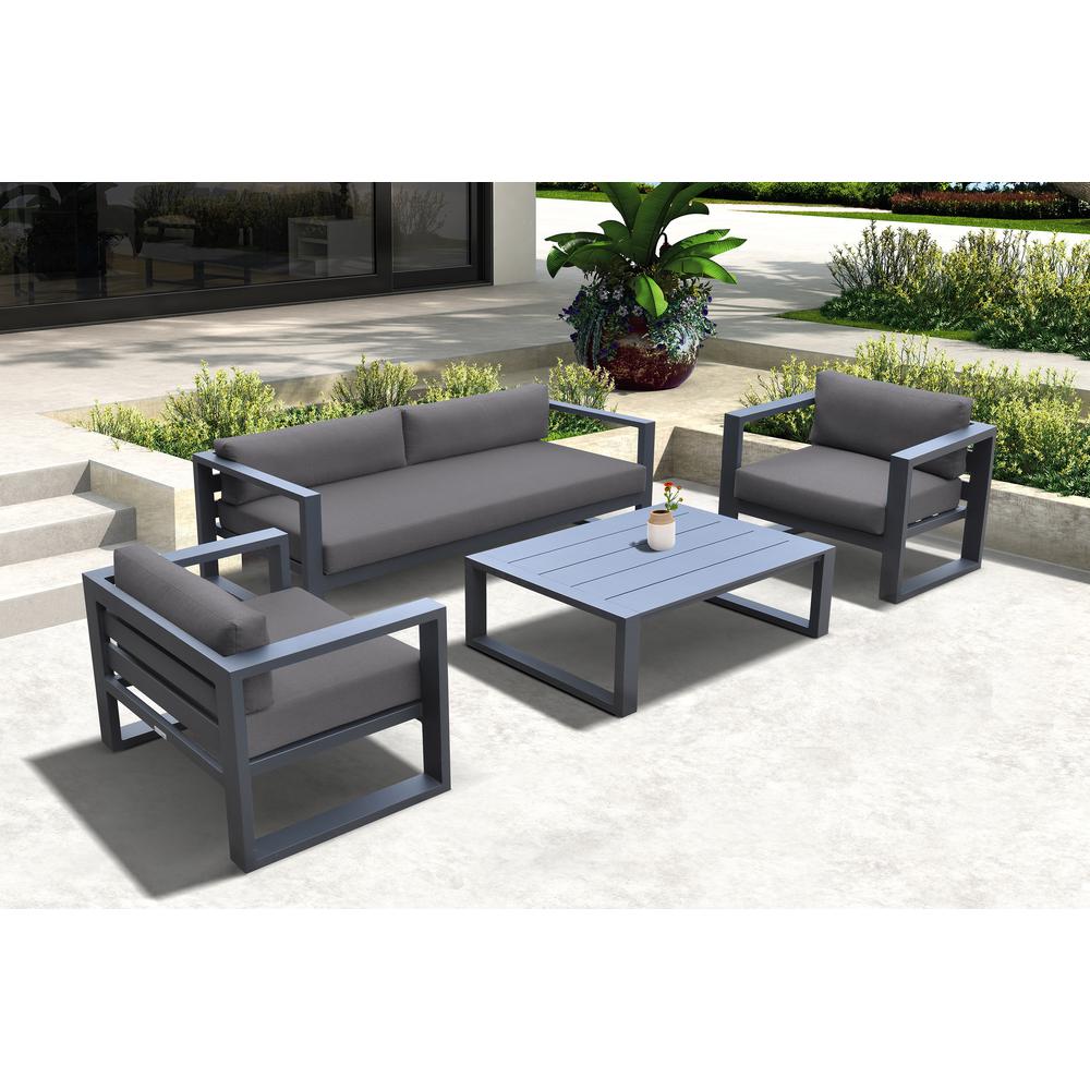Aegean Outdoor 4 piece Set in Dark Grey Finish and Charcoal Cushions. Picture 1