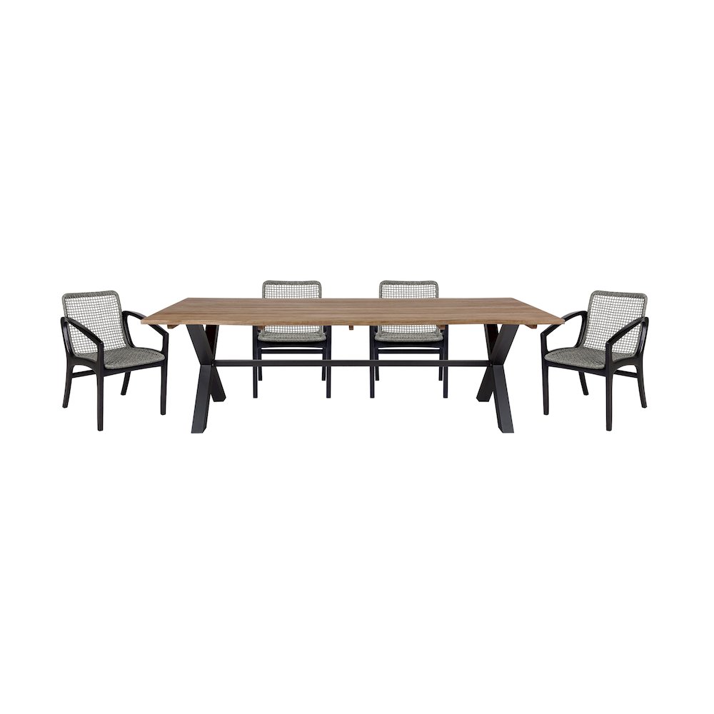 Outdoor Patio 5 Piece Live Edge Dining Set in Eucalyptus Wood and Gray Rope. Picture 1