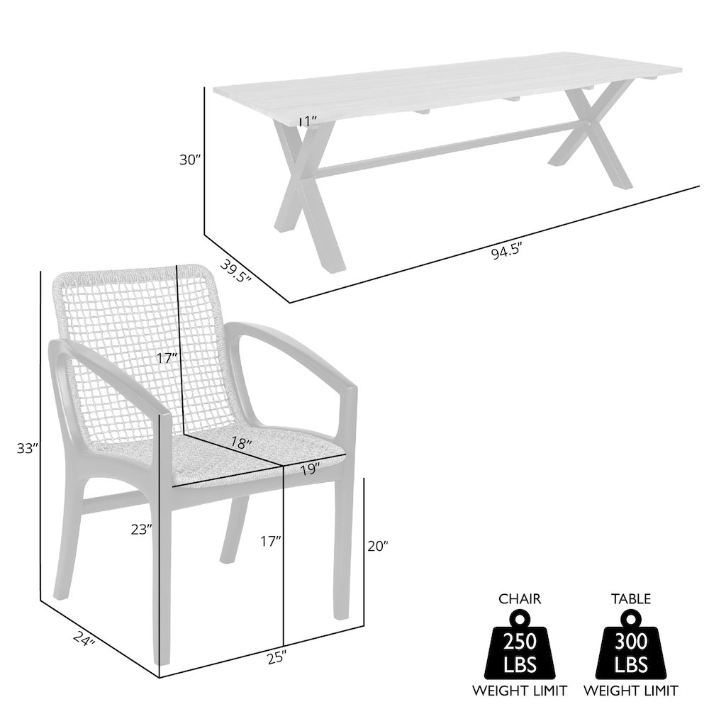 Outdoor Patio 5 Piece Live Edge Dining Set in Eucalyptus Wood and Gray Rope. Picture 10