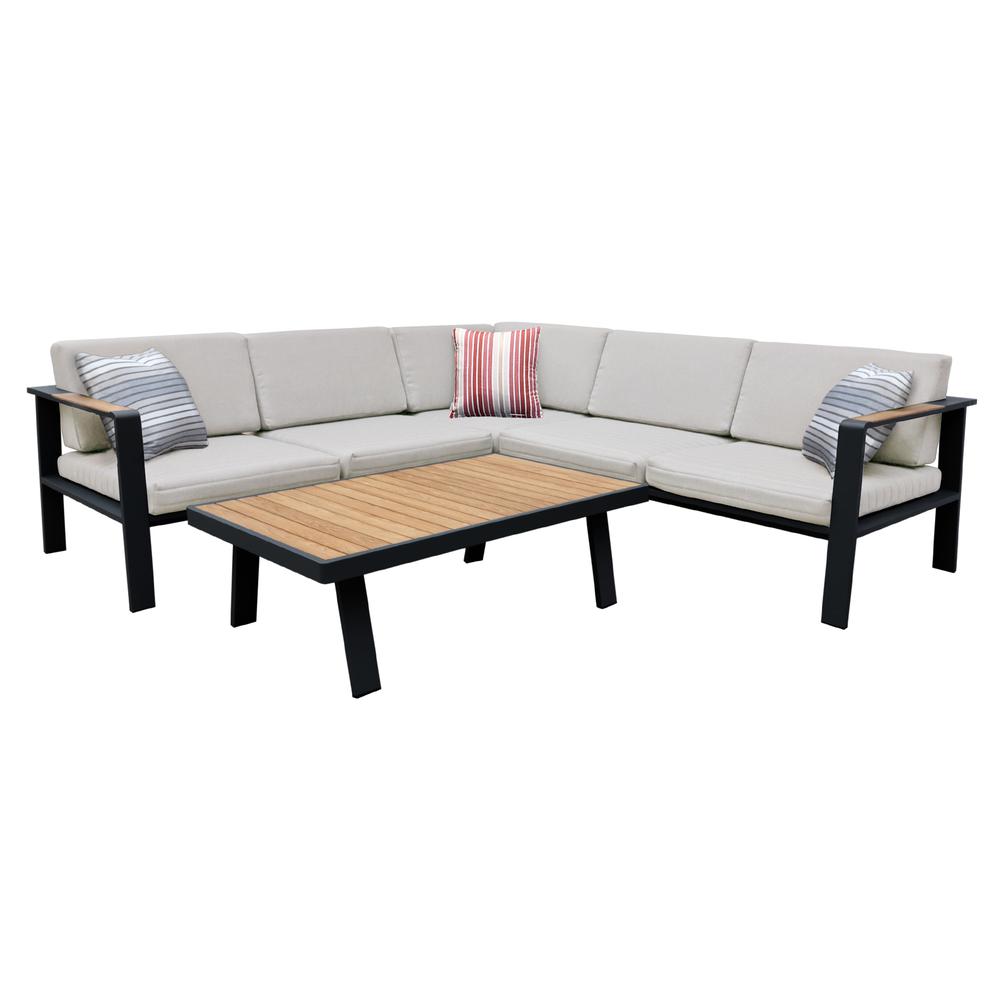 Nofi Outdoor Patio Sectional Set in Gray Finish with Taupe Cushions and Teak Wood. Picture 1