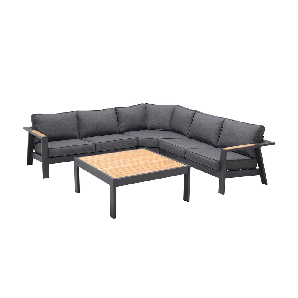 Palau 4 Piece Outdoor Sectional Set with Cushions in Dark Grey and Natural Teak Wood Accent. The main picture.