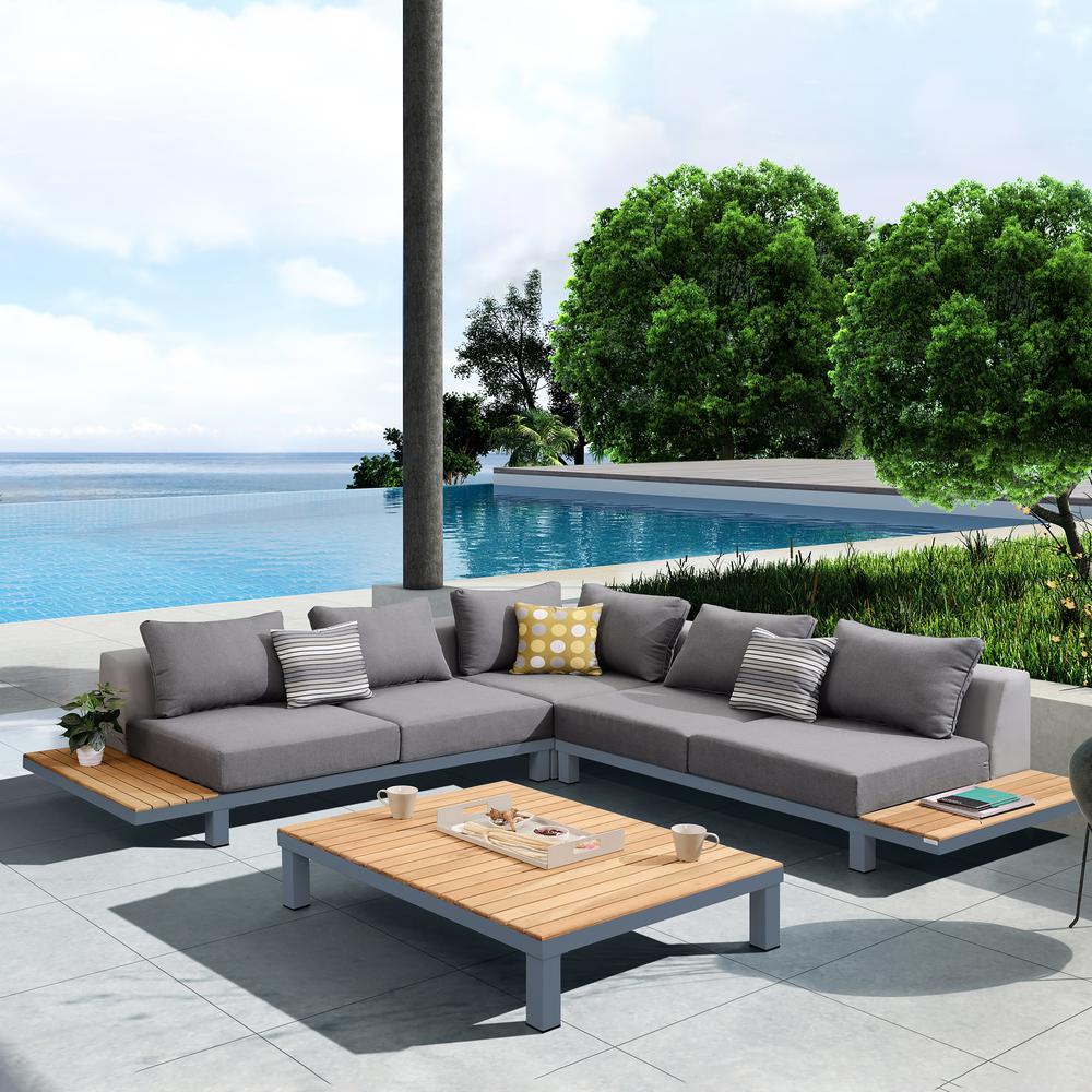 Armen Living Polo 4 piece Outdoor Sectional Set with Dark Gray Cushions and Modern Accent Pillows. Picture 6