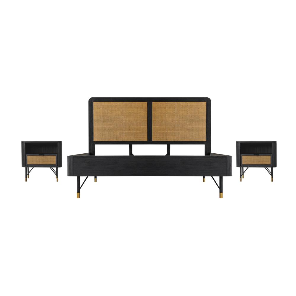 Saratoga 3 Piece King Bedroom Set in Black Acacia Wood and Rattan. Picture 1