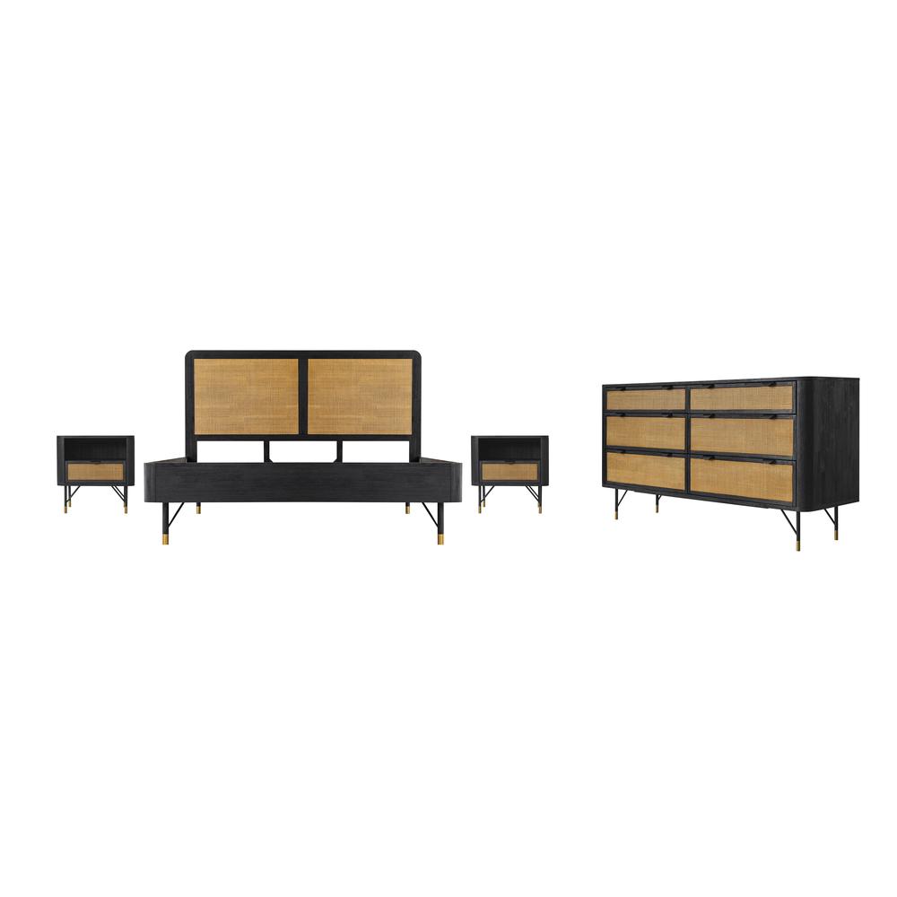 Saratoga 4 Piece King Bedroom Set in Black Acacia Wood and Rattan. Picture 1