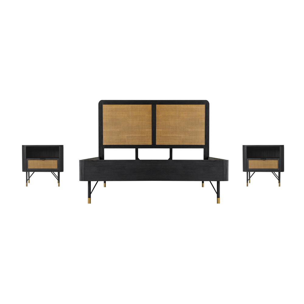 Saratoga 3 Piece Queen Bedroom Set in Black Acacia Wood and Rattan. Picture 1