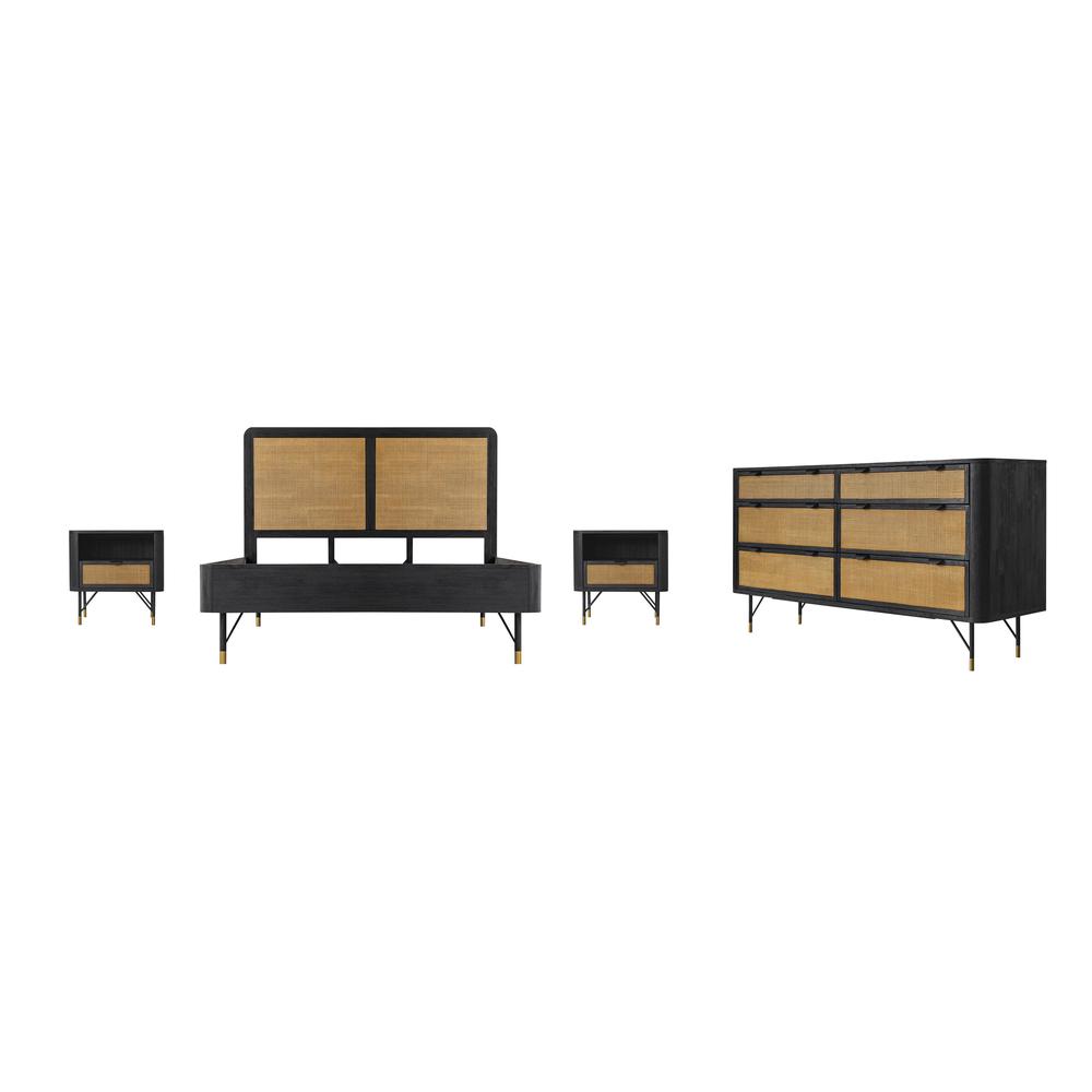 Saratoga 4 Piece Queen Bedroom Set in Black Acacia Wood and Rattan. Picture 1