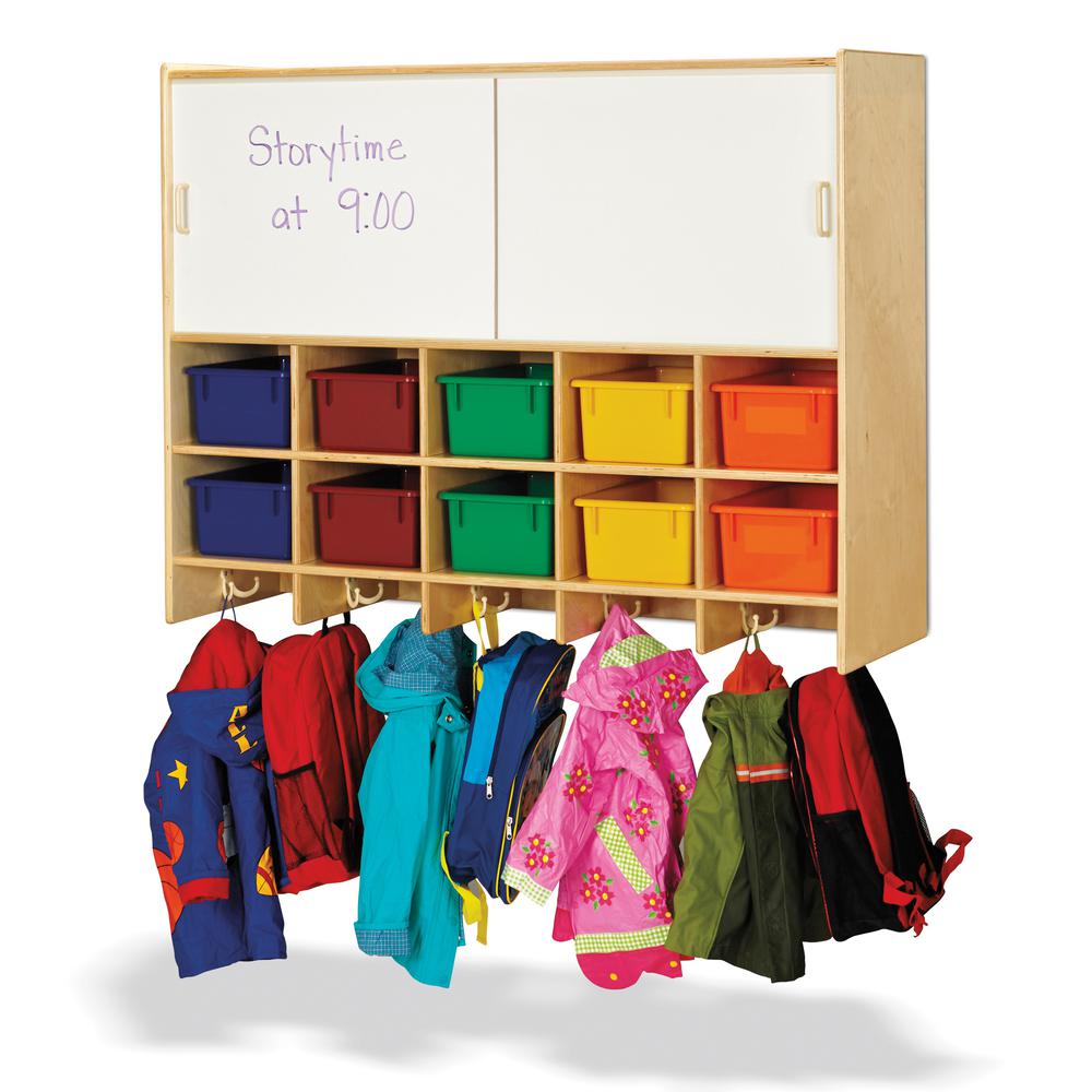 10 Section Wall Mount Coat Locker with Storage – with Colored Cubbie-Trays. Picture 2