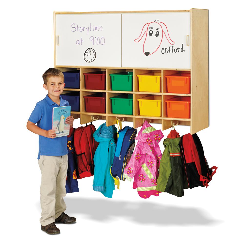 10 Section Wall Mount Coat Locker with Storage – with Colored Cubbie-Trays. Picture 1