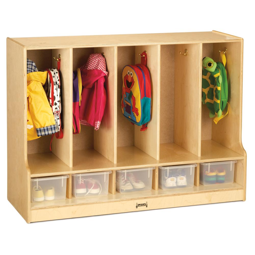 Toddler 5 Section Coat Locker with Step - with Clear Trays. Picture 1