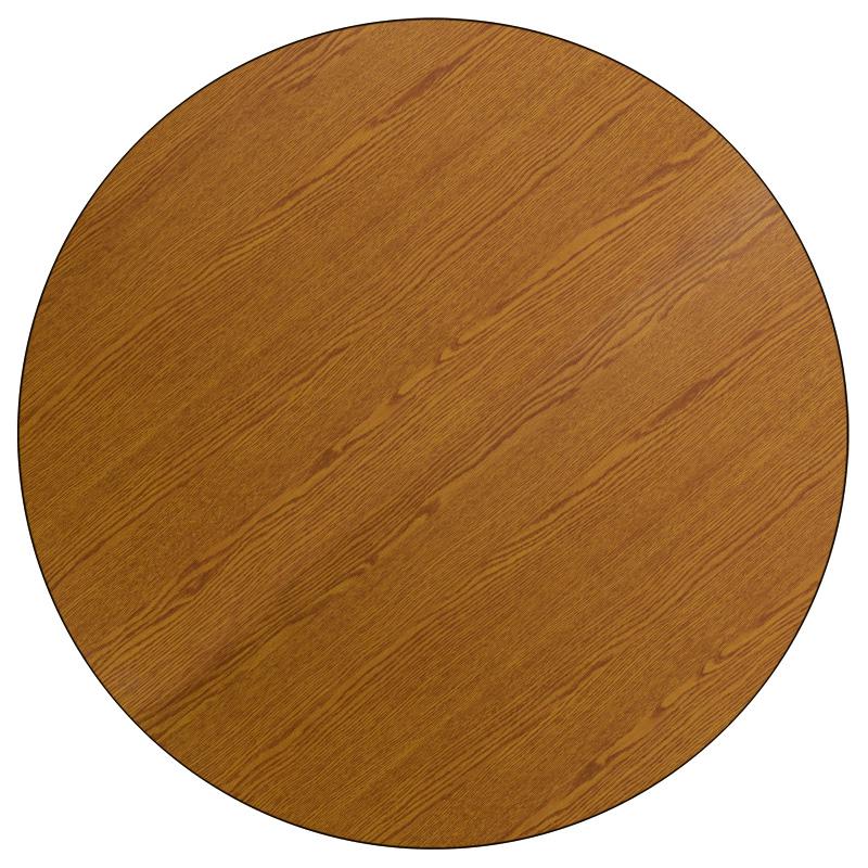 60'' Round Oak Thermal Laminate Activity Table - Height Adjustable Short Legs. Picture 2