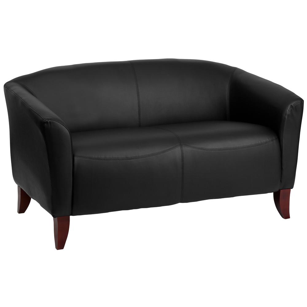 Black LeatherSoft Loveseat with Cherry Wood Feet. The main picture.