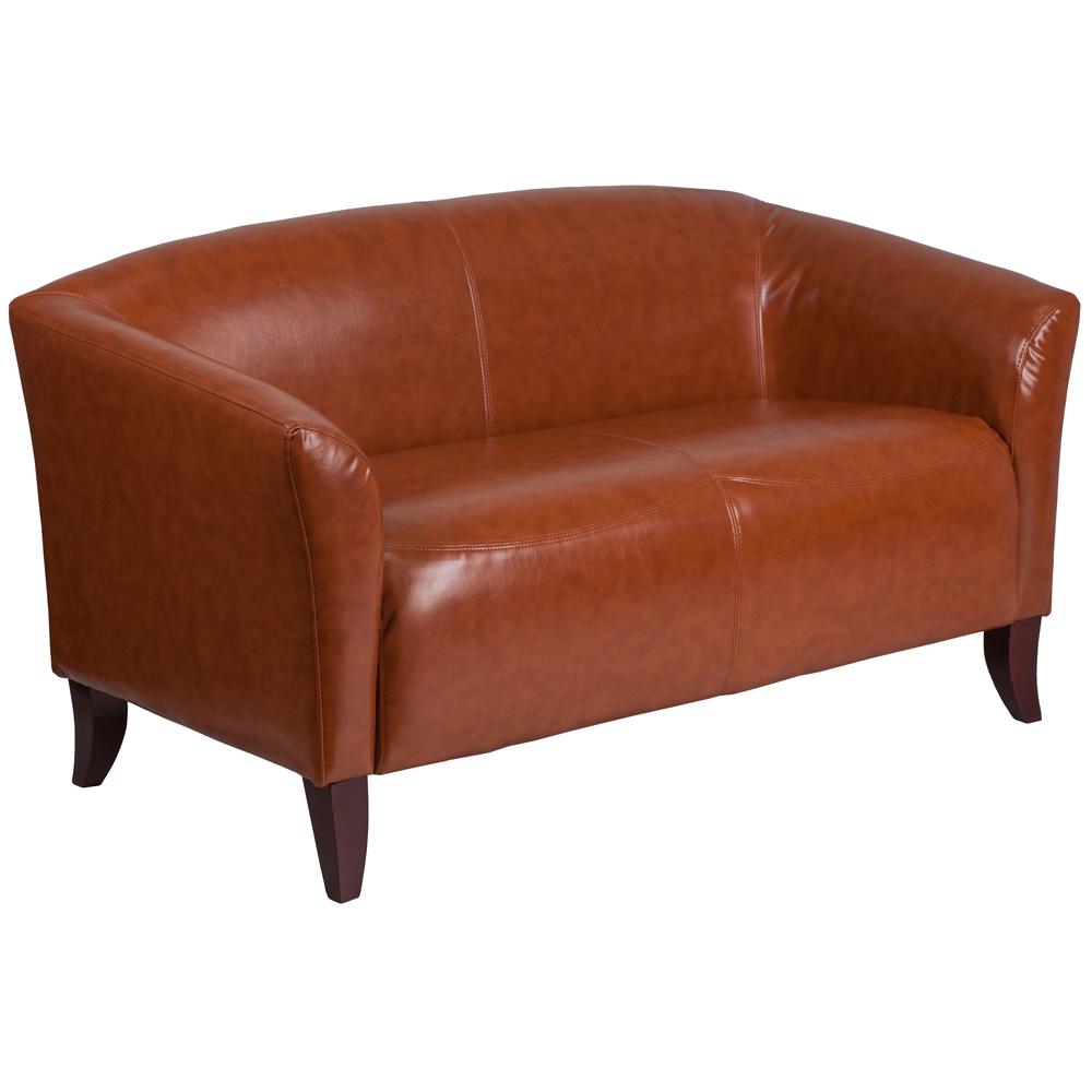 Cognac LeatherSoft Loveseat with Cherry Wood Feet. The main picture.