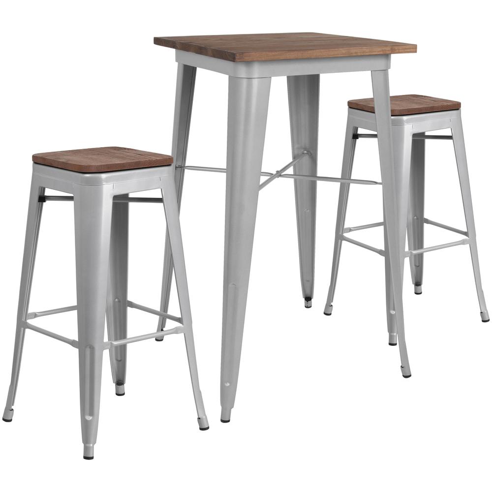 23.5" Square Silver Metal Bar Table Set with Wood Top and 2 Backless Stools. Picture 1