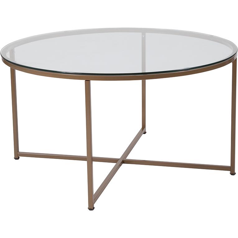 Coffee Table - Clear Glass Accent Table with Crisscross Brushed Gold Frame. Picture 3