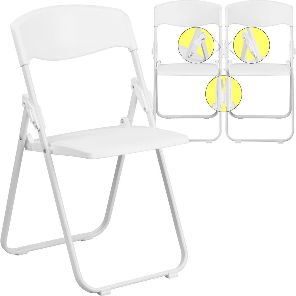500 lb. Capacity Heavy Duty White Plastic Folding Chair with Built-in Ganging Brackets. Picture 21