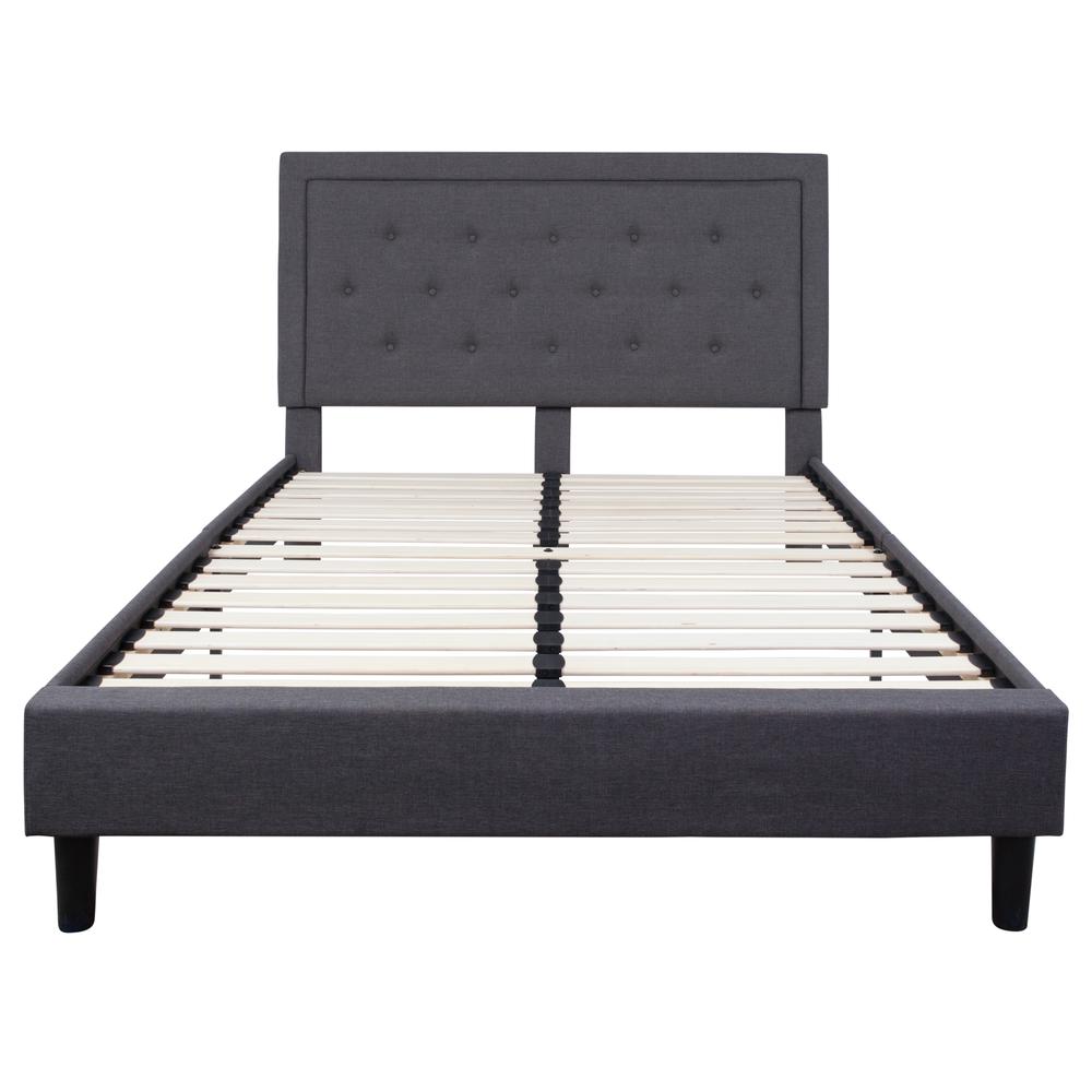 Queen Size Panel Tufted Upholstered Platform Bed in Dark Gray Fabric. Picture 4