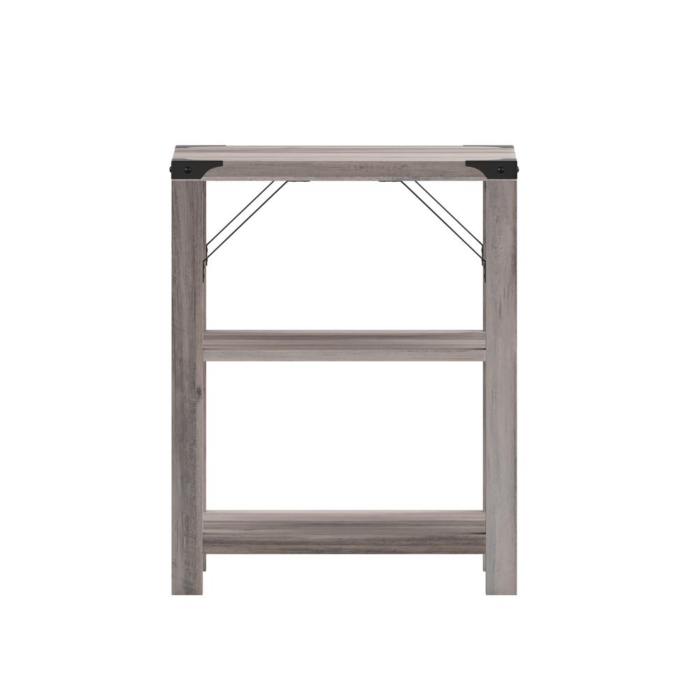 Farmhouse Wooden 3 Tier End Table with Black Metal Corner Accents, Gray Wash. Picture 9