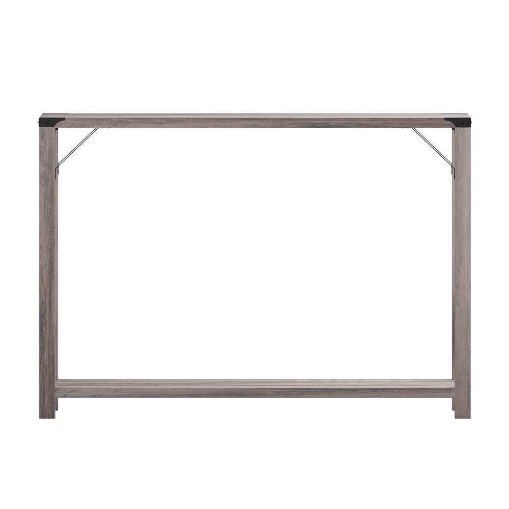 Farmhouse Wooden 2 Tier Console Entry Table with Black Metal Corner, Gray Wash. Picture 9