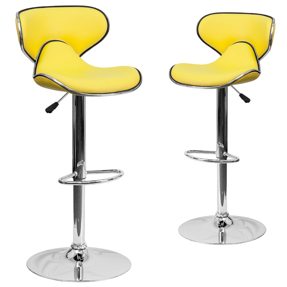 2 Pk. Cozy Mid-Back Yellow Vinyl Adjustable Height Barstool with Chrome Base. Picture 1