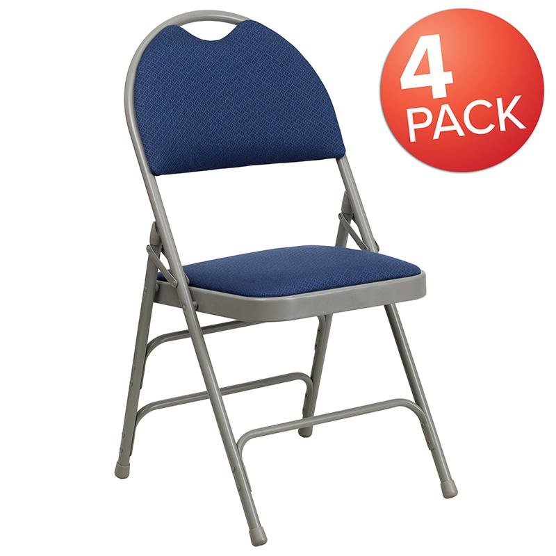 4 Pk. Triple Braced Navy Fabric Metal Folding Chair with Easy-Carry Handle. Picture 1