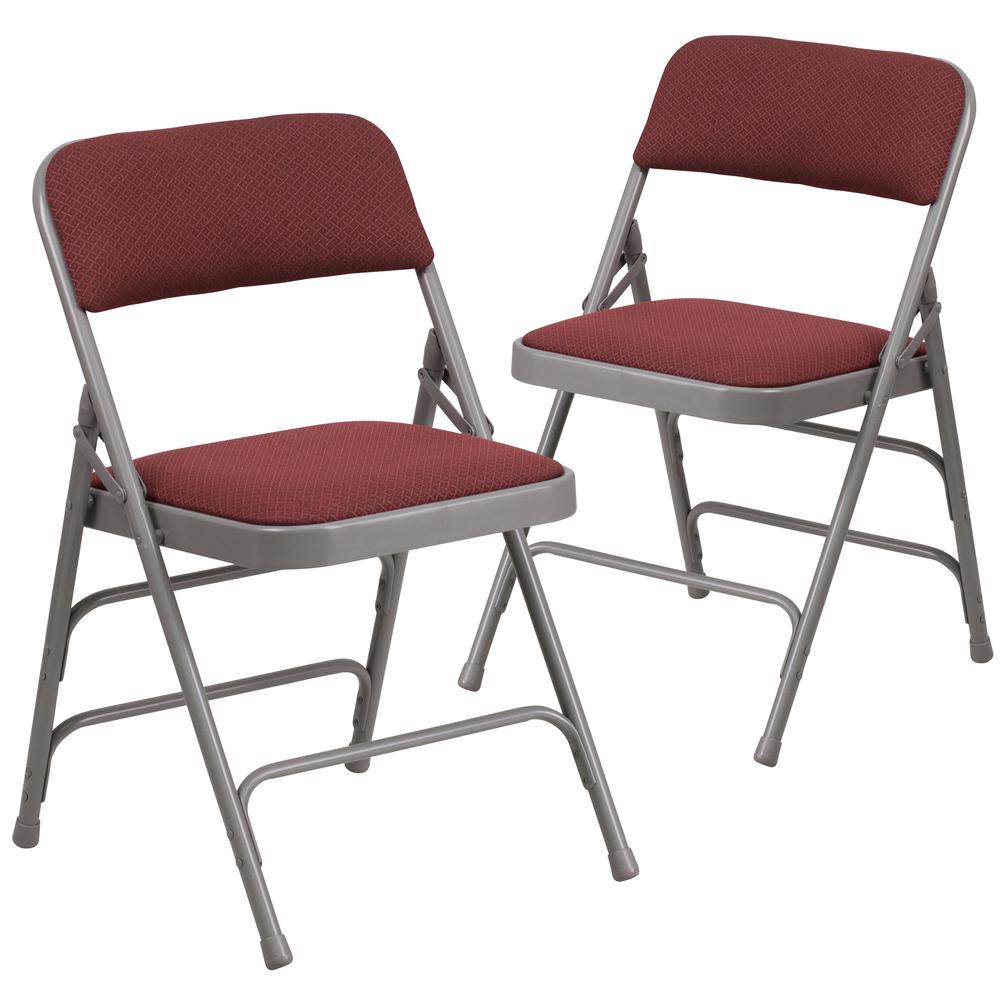 Curved Triple Braced & Double Hinged Burgundy Patterned Fabric Metal Folding Chair. Picture 1