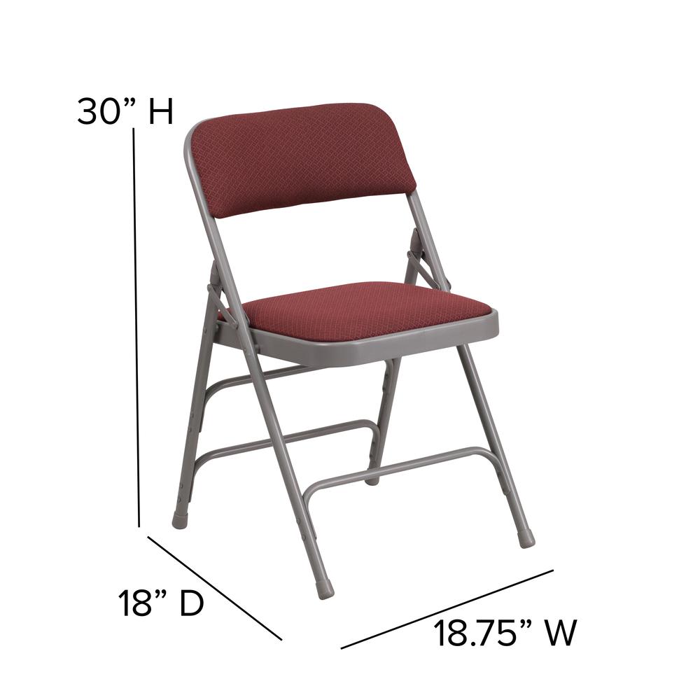Curved Triple Braced & Double Hinged Burgundy Patterned Fabric Metal Folding Chair. Picture 2