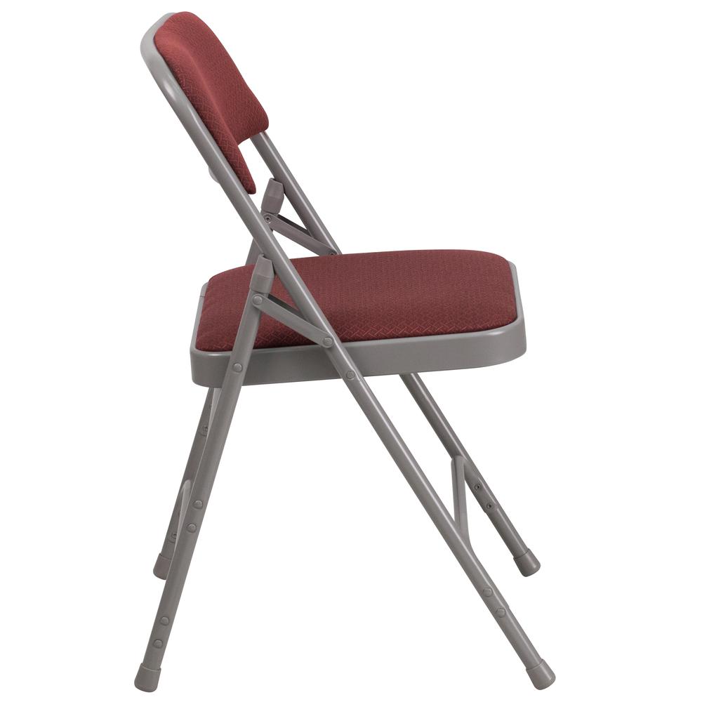 Curved Triple Braced & Double Hinged Burgundy Patterned Fabric Metal Folding Chair. Picture 3