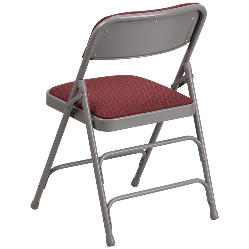 Curved Triple Braced & Double Hinged Burgundy Patterned Fabric Metal Folding Chair. Picture 4