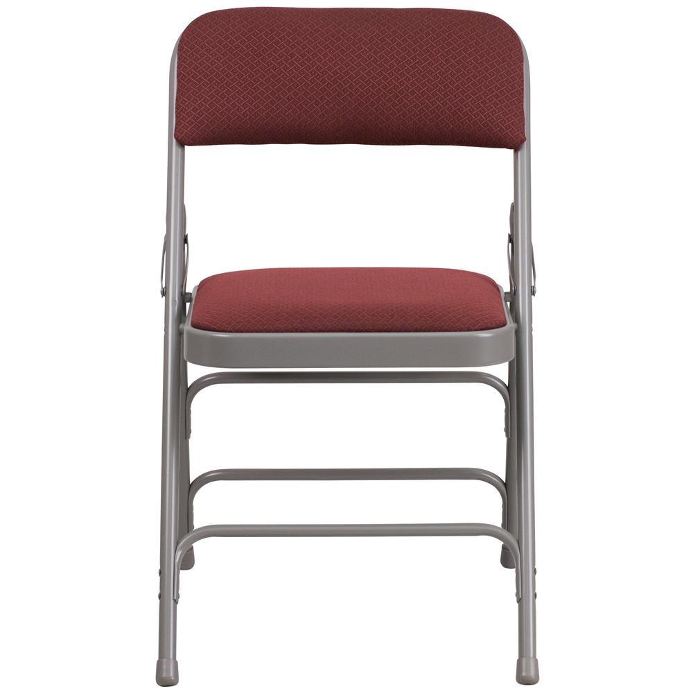 Curved Triple Braced & Double Hinged Burgundy Patterned Fabric Metal Folding Chair. Picture 5