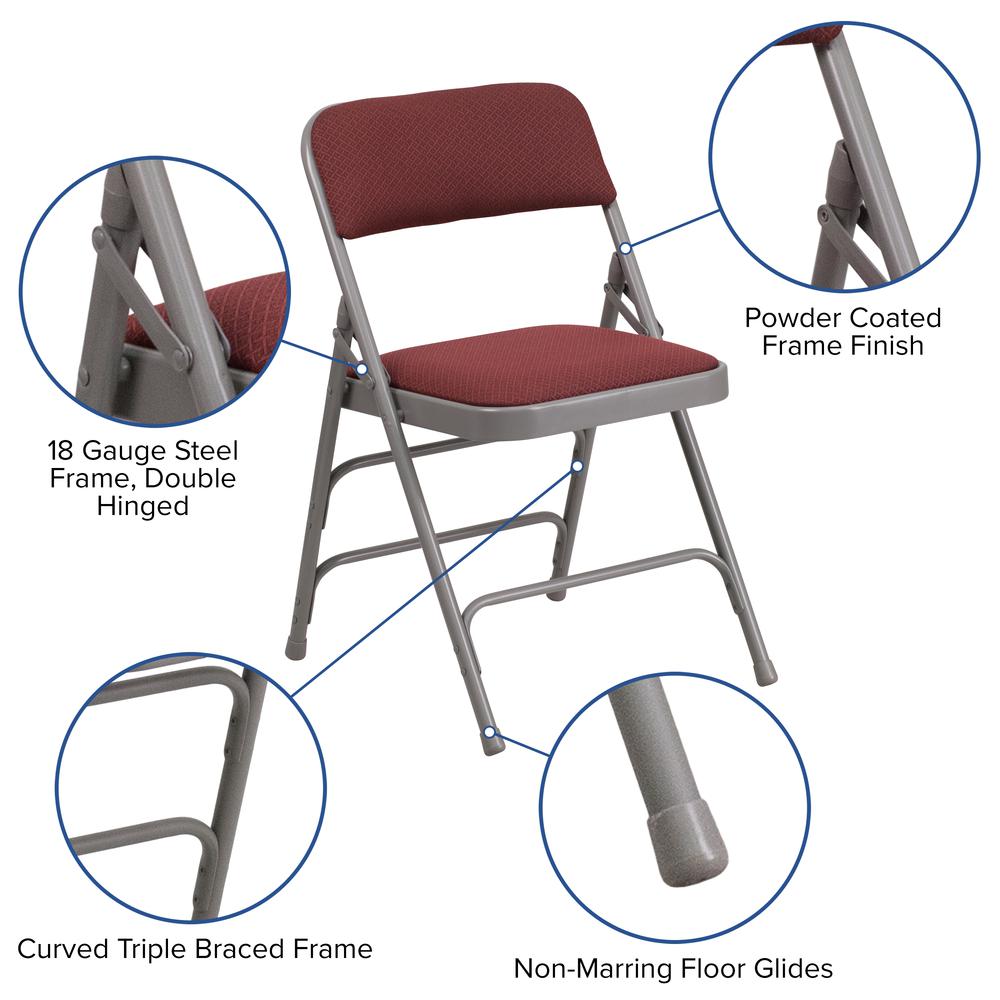 Curved Triple Braced & Double Hinged Burgundy Patterned Fabric Metal Folding Chair. Picture 6