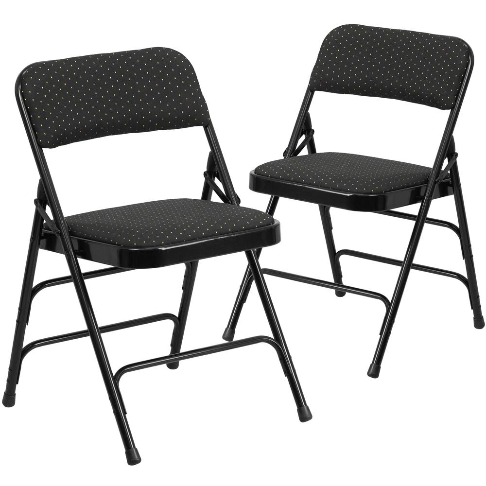 Curved Triple Braced & Double Hinged Black Patterned Fabric Metal Folding Chair. Picture 1