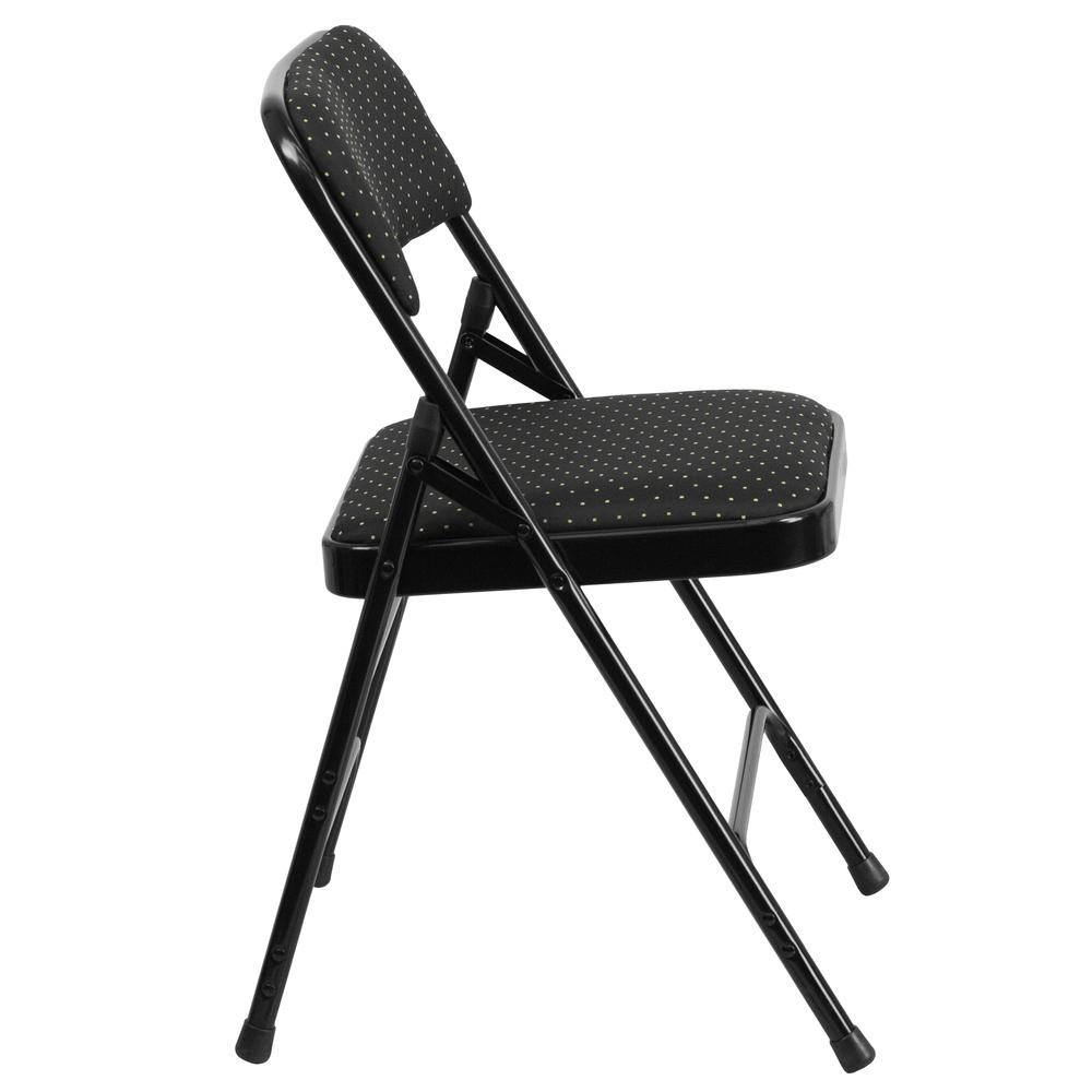 Curved Triple Braced & Double Hinged Black Patterned Fabric Metal Folding Chair. Picture 3