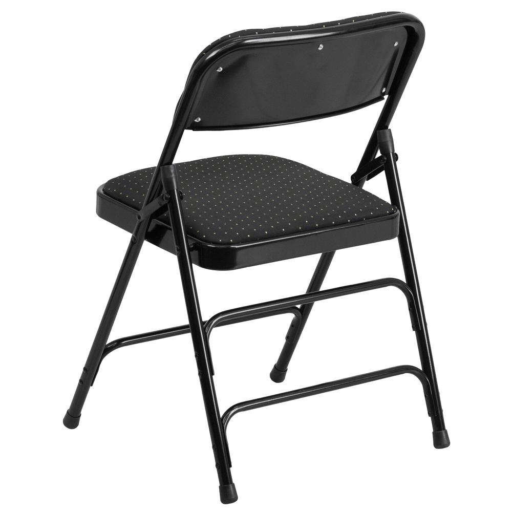 Curved Triple Braced & Double Hinged Black Patterned Fabric Metal Folding Chair. Picture 4