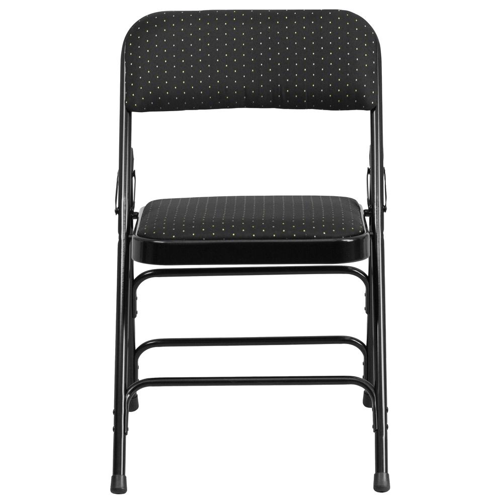Curved Triple Braced & Double Hinged Black Patterned Fabric Metal Folding Chair. Picture 5