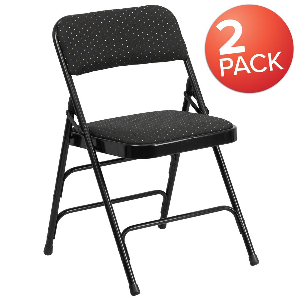 Curved Triple Braced & Double Hinged Black Patterned Fabric Metal Folding Chair. Picture 8
