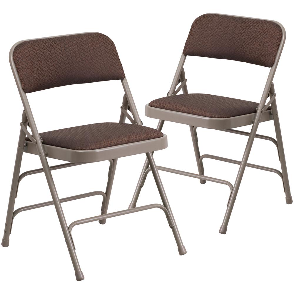 Curved Triple Braced & Double Hinged Brown Patterned Fabric Metal Folding Chair. Picture 1