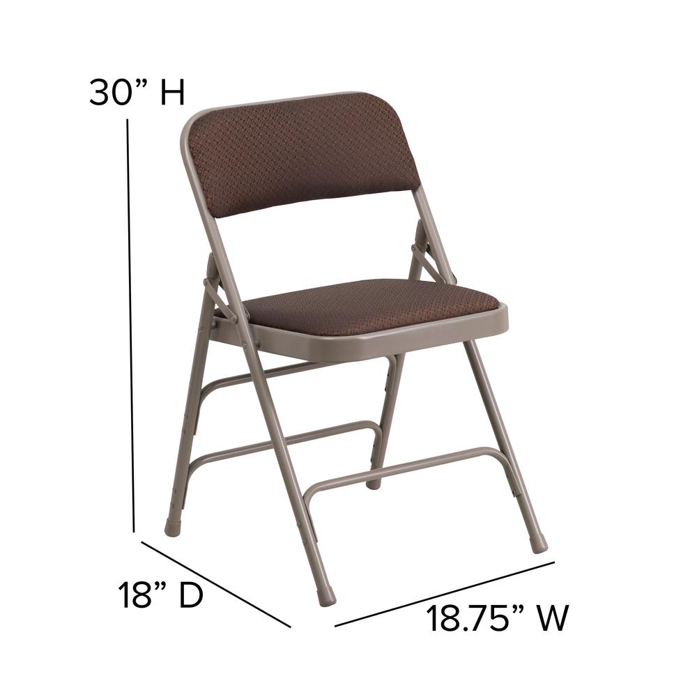 Curved Triple Braced & Double Hinged Brown Patterned Fabric Metal Folding Chair. Picture 2